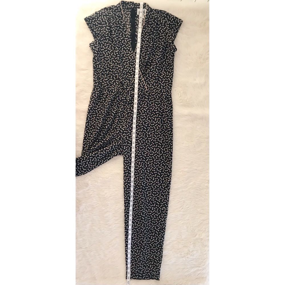 VINTAGE 80s 90s Jumpsuit Short Sleeve Bow Tie Print V-Neck Tapered Leg Black - Picture 12 of 13
